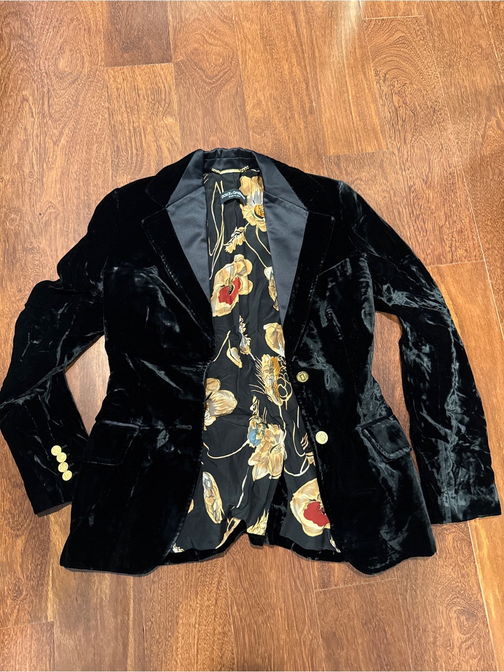 Dolce & Gabbana Black Velvet Suit with Floral Satin Lining
